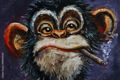 Oil portrait of an monkey smoking a cigarette