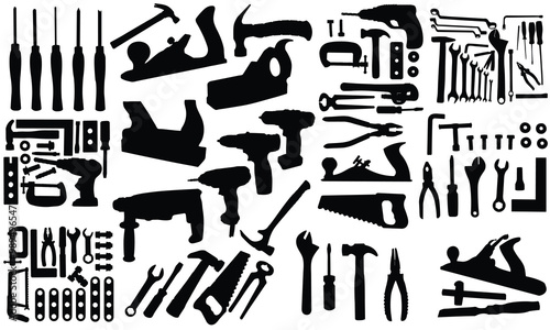 Big Bundle Carpenter Silhouette Tools Black and White Stock