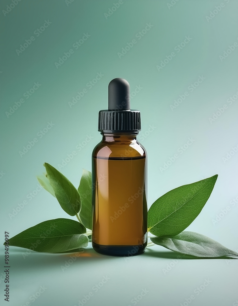 Herbal medicine bottle with some fresh leaves beside it isolated on minimalist background Herbal medicine bottle with some fresh leaves beside it isolated on minimalist background