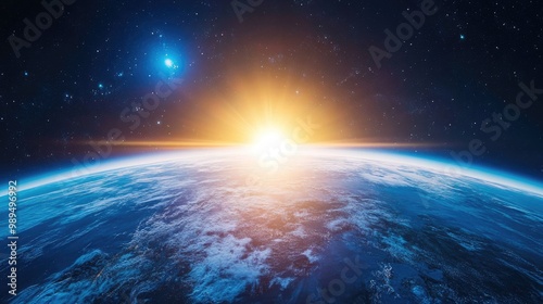 Vibrant blue sunrise with a perspective of the Earth from outer space photo