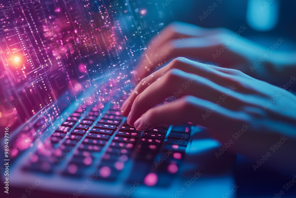 Close-up of Hands Typing on a Glowing Keyboard Close-up of Hands Typing on a Glowing Keyboard