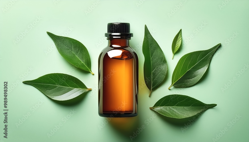 Herbal medicine bottle with some fresh leaves beside it isolated on minimalist background Herbal medicine bottle with some fresh leaves beside it isolated on minimalist background
