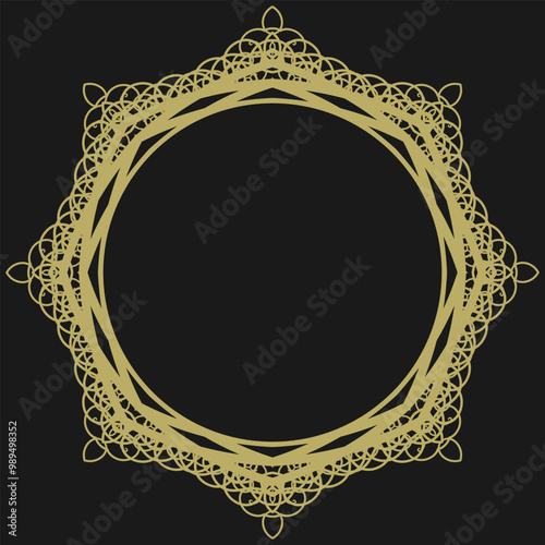 Round golden frame in vintage style on black background. Version 21. Vector illustration