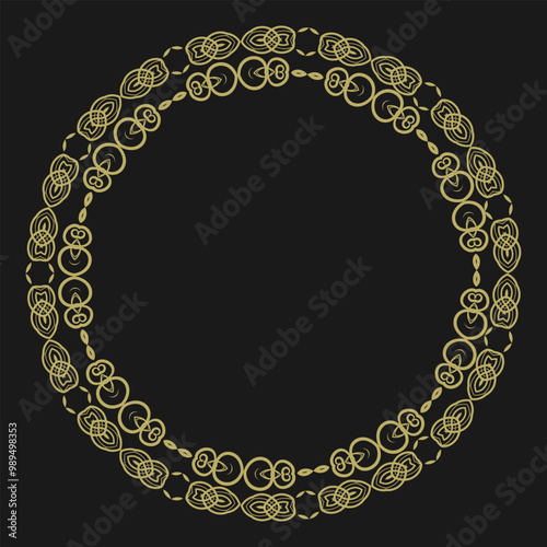 Round golden frame in vintage style on black background. Version 23. Vector illustration