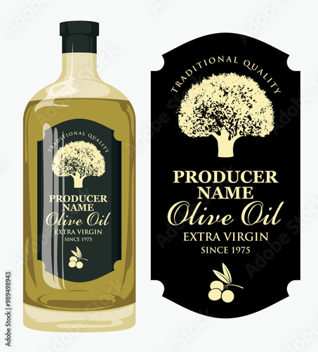 Vector label for extra virgin olive oil with olive tree design in figured frame on the black background in retro style. Template label on glass bottle