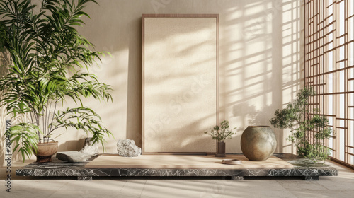 Sophisticated interior design showcasing simplicity and elegance; minimalist display with potted plants and artworks, playing with light and shadows.