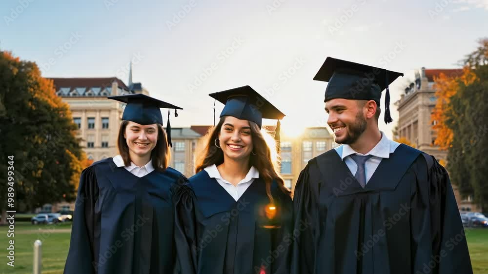 Three friends - students in academic hat and dark gown on background of university campus. The excitement of graduation day captured against a beautiful backdrop. Three friends - students in academic hat and dark gown on background of university campus. The excitement of graduation day captured against a beautiful backdrop.