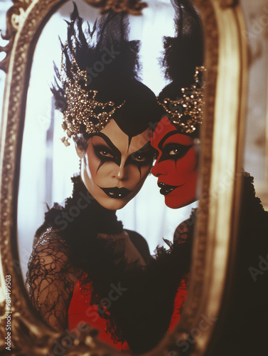 Two individuals dressed theatrically, reflected in a vintage mirror, evoking a sense of drama and mystique. photo