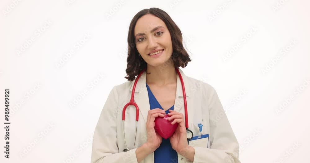 Positive woman doctor smiles and shows miniature red heart on white background. Physician explains importance of cardiovascular health slow motion Positive woman doctor smiles and shows miniature red heart on white background. Physician explains importance of cardiovascular health slow motion