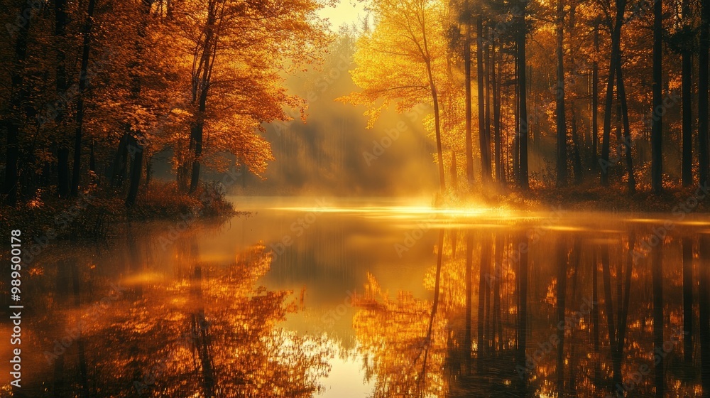 Autumn forest reflecting in water with fog and sunrays Autumn forest reflecting in water with fog and sunrays