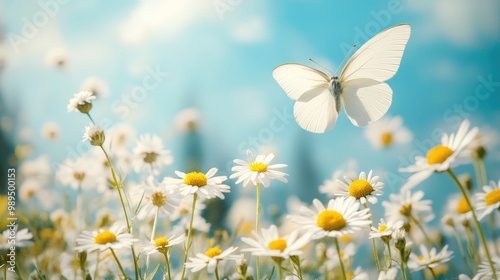 Close up macro of chamomiles and daisies in a sunny spring field featuring a flying white butterfly against a blue sky highlighting the beauty of summer nature with ample copy space