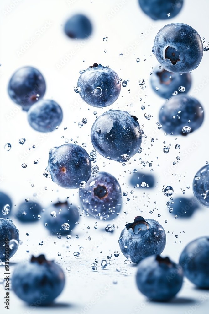Many fresh blueberries falling in water isolated on white background. Selective focus Many fresh blueberries falling in water isolated on white background. Selective focus