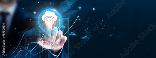 Photos Cloud Security: Data protection, encryption, Businessman touch and analysis data strategy with graph secure access controls, firewalls, compliance, threat detection