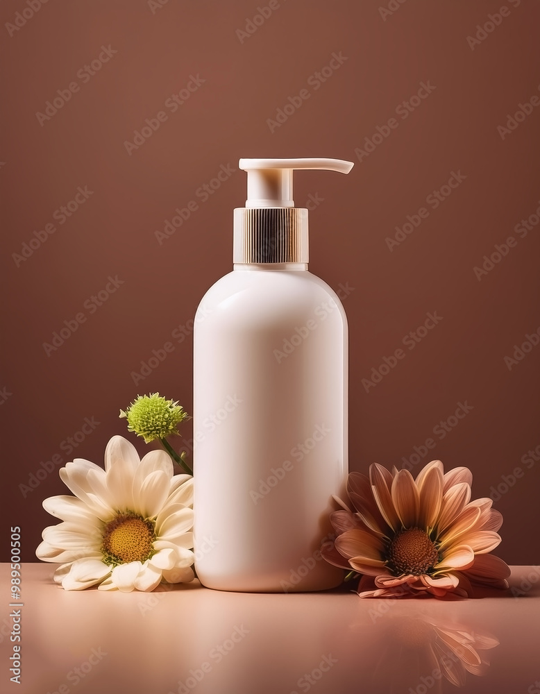 Lotion bottle with fresh flowers beside it isolated on minimalist background Lotion bottle with fresh flowers beside it isolated on minimalist background