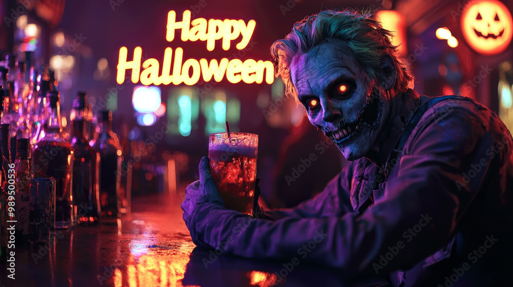 Fototapeta premium Spooky zombie drinks cocktail in bar, portrait of scary living dead man in cafe on Halloween. Theme of party, neon sign, horror, restaurant.