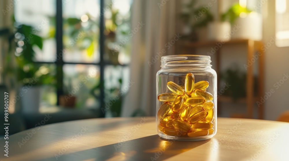 Vitamin D and Bone Health Yellow soft capsules in a glass bottle on a table Tips for enhancing Vitamin D levels for better bone strength and immune support
