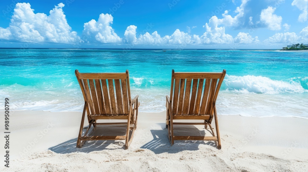 Two deck chairs positioned on a sandy tropical beach Two deck chairs positioned on a sandy tropical beach