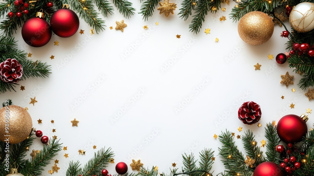 Spruce frame with red and gold holiday decorations on a white background Blank space available Twinkling lights for the festive season Flat lay composition Spruce frame with red and gold holiday decorations on a white background Blank space available Twinkling lights for the festive season Flat lay composition