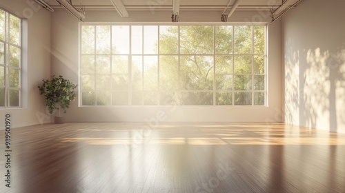 Bright and airy dance studio illuminated by morning light streaming through the window Features a ballet and dance ambiance with a light backdrop