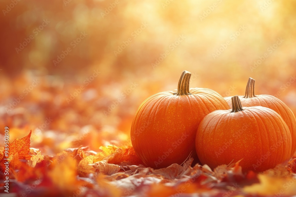 Three pumpkins sitting in autumn leaves with sun shining through trees Three pumpkins sitting in autumn leaves with sun shining through trees