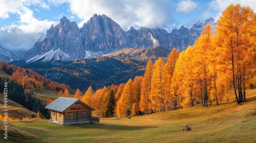 Wooden cabin standing in idyllic mountain landscape during fall season Wooden cabin standing in idyllic mountain landscape during fall season