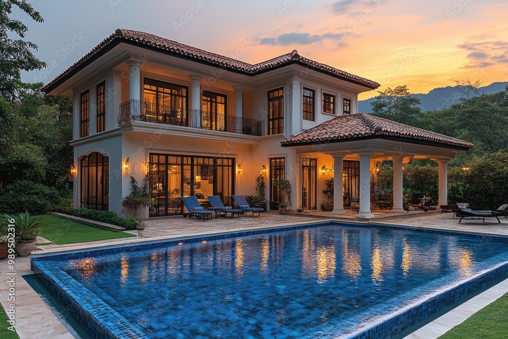 Fototapeta premium Luxurious villa overlooking the ocean at sunset with infinity pool