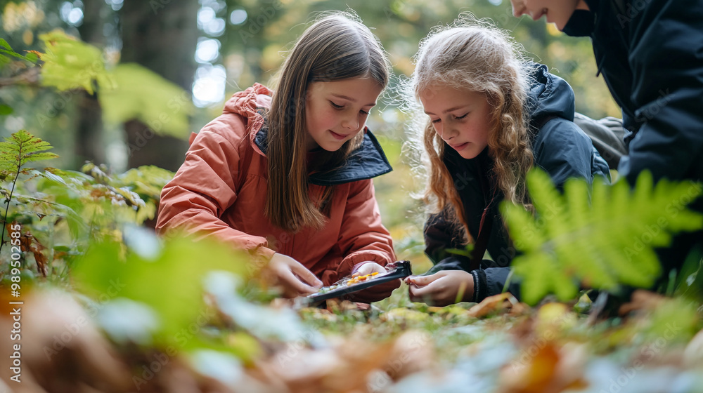 Fototapeta premium Young explorers discover nature's wonders in a vibrant forest during autumn