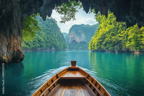 Scenic view from wooden boat sailing on beautiful turquoise water photo