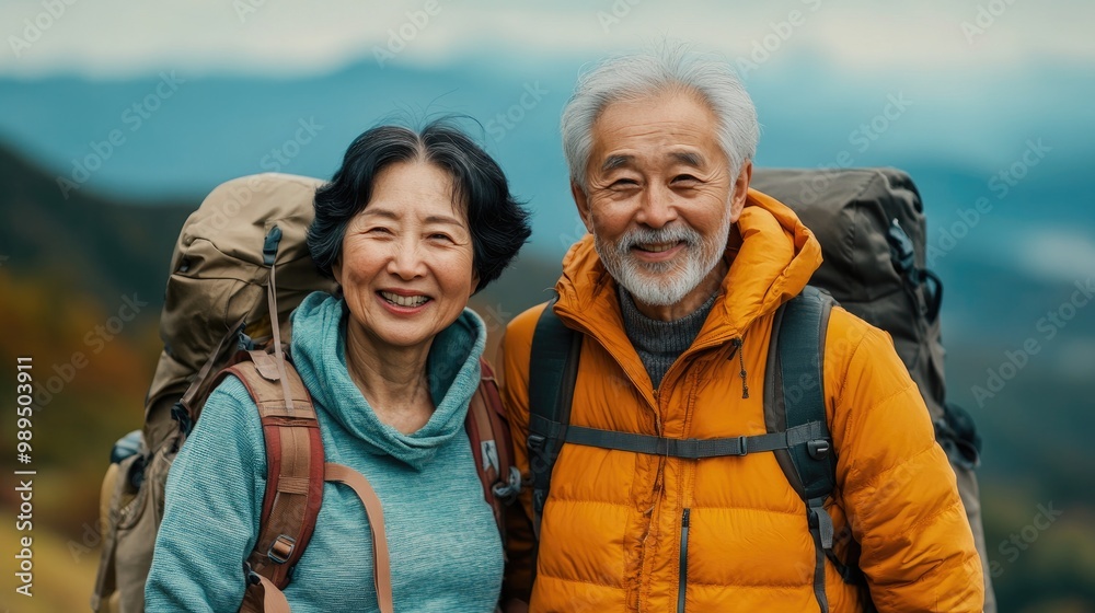 Smiling senior couple hiking in the mountains wearing backpacks Smiling senior couple hiking in the mountains wearing backpacks