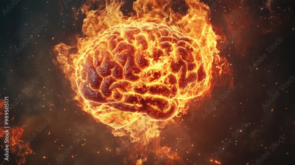 Front view of an ablaze brain representing mental health issues and conditions such as cognitive decline and neurodegenerative diseases Front view of an ablaze brain representing mental health issues and conditions such as cognitive decline and neurodegenerative diseases