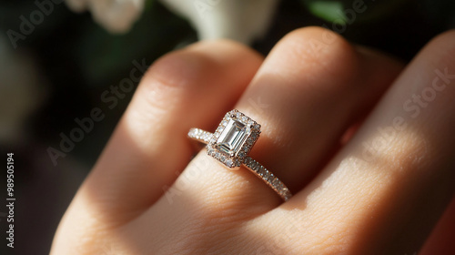 Elegant engagement ring with emerald-cut diamond showcased on a hand against a floral backdrop