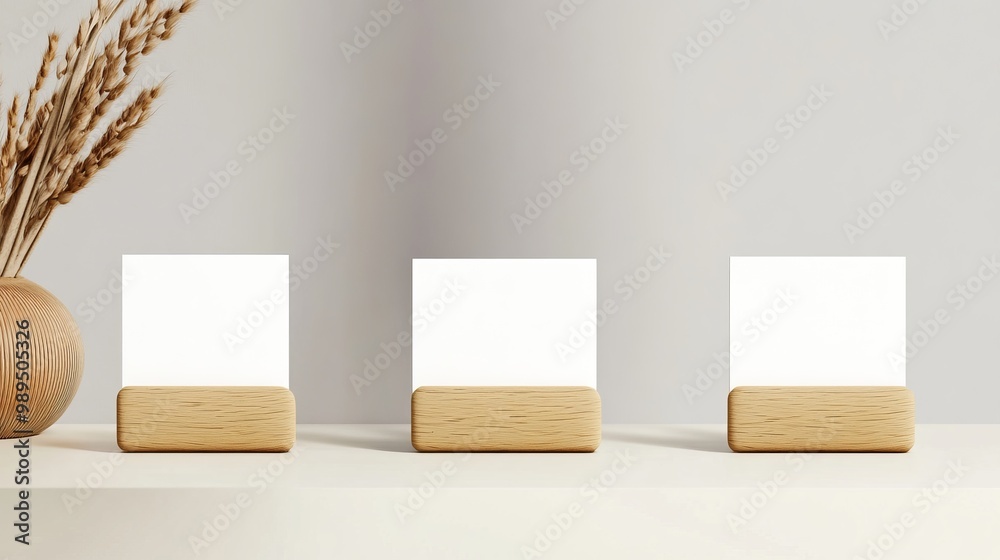 This realistic mockup showcases white place cards on wooden holders from three distinct angles, presented as an isolated vector illustration This realistic mockup showcases white place cards on wooden holders from three distinct angles, presented as an isolated vector illustration