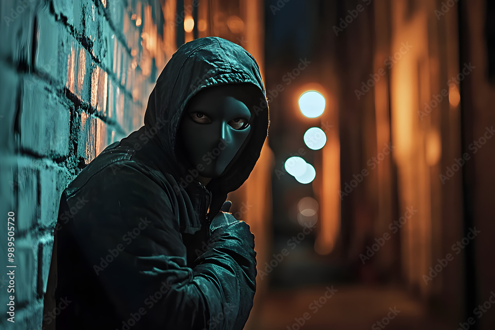 A masked thief lurks in the shadows of a dark alley at night in an urban area, blending in with the darkness and illuminated by streetlights A masked thief lurks in the shadows of a dark alley at night in an urban area, blending in with the darkness and illuminated by streetlights