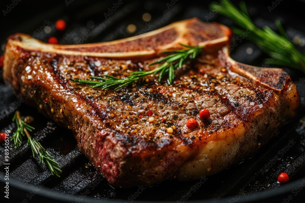 Juicy grilled t-bone steak with rosemary resting on grill pan Juicy grilled t-bone steak with rosemary resting on grill pan