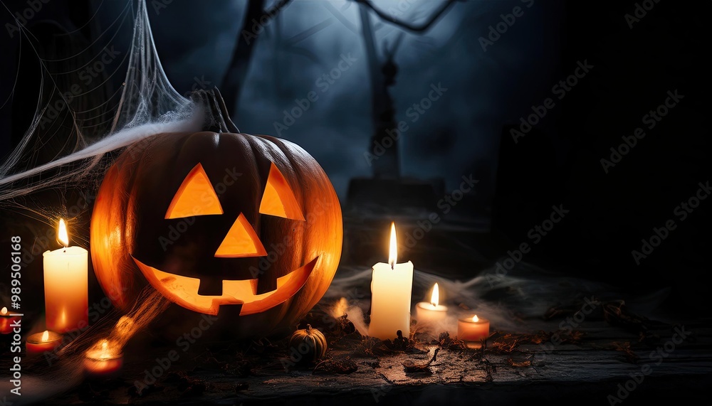Halloween theme, 3D render of a pumpkin surrounded by candles and  on a dark background. spooky theme