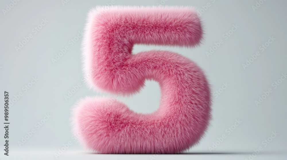 Adorable pink number five resembling fur featuring short hair against a white background in a whimsical 3D illusion style Adorable pink number five resembling fur featuring short hair against a white background in a whimsical 3D illusion style