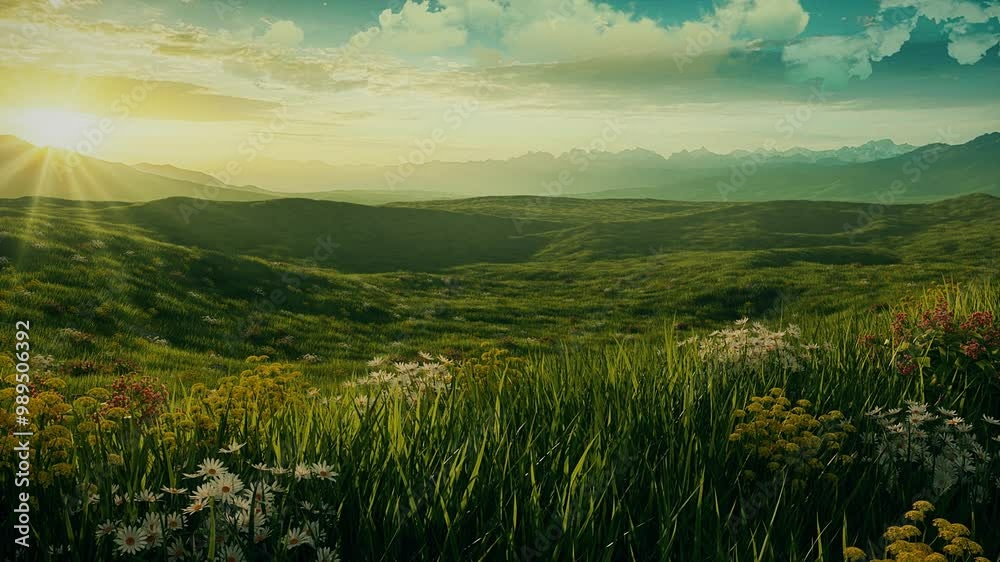 Valley of Grass and Flowers at Sunset - Loop - Abstract Fantasy Nature Landscape