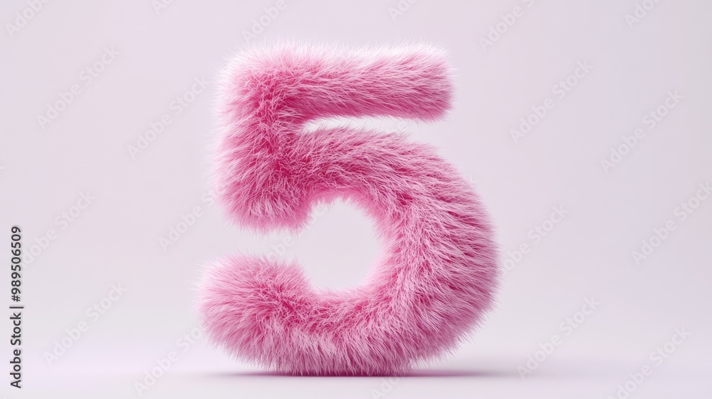 Adorable pink number five resembling fur featuring short hair against a white background in a whimsical 3D illusion style Adorable pink number five resembling fur featuring short hair against a white background in a whimsical 3D illusion style