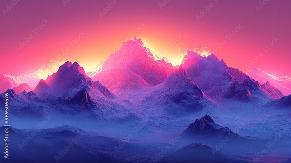 A minimalist design featuring a glitchy landscape of a mountain range, with the peaks and valleys fragmented by digital artifacts, neon streaks, and color distortions A minimalist design featuring a glitchy landscape of a mountain range, with the peaks and valleys fragmented by digital artifacts, neon streaks, and color distortions