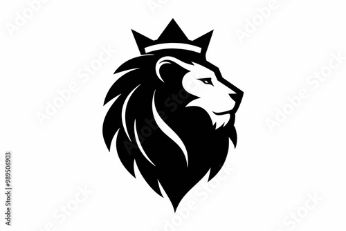 A Lion head logo with wearing crown, silhouette black simple vector art illustration