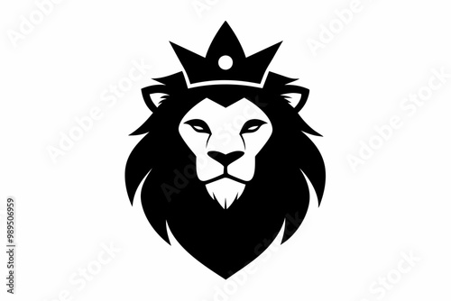 A Lion head logo with wearing crown, silhouette black simple vector art illustration