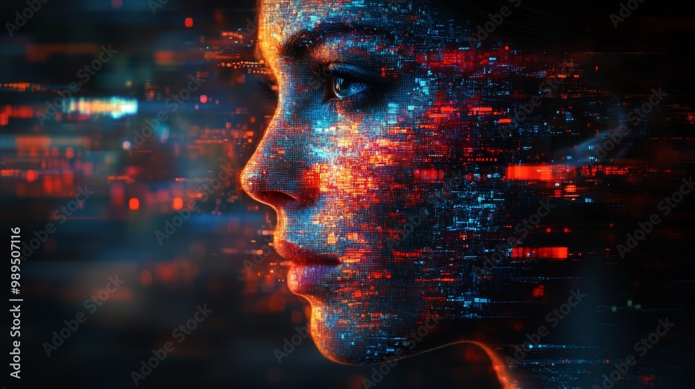 A portrait of a person with their face partially glitched, as if their features are melting into a series of colorful pixel blocks, distortion waves, and broken image fragments A portrait of a person with their face partially glitched, as if their features are melting into a series of colorful pixel blocks, distortion waves, and broken image fragments