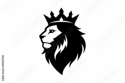 A Lion head logo with wearing crown, silhouette black simple vector art illustration