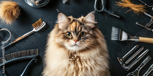 Fluffy cat with long, thick fur surrounded by grooming tools like brushes and scissors on a black background, highlighting pet grooming and care. photo