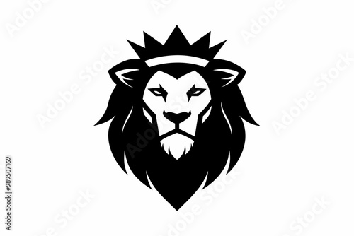 A Lion head logo with wearing crown, silhouette black simple vector art illustration