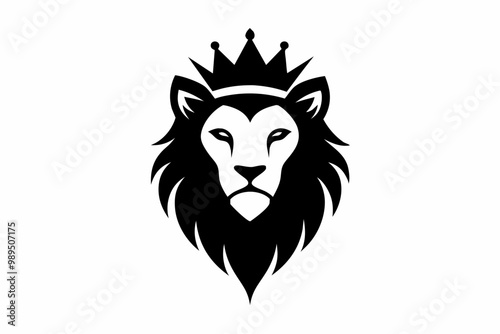 A Lion head logo with wearing crown, silhouette black simple vector art illustration