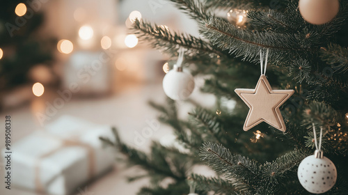 Minimalist Christmas tree with simple wooden ornaments, creating a natural and elegant holiday decor in a warm, inviting living room