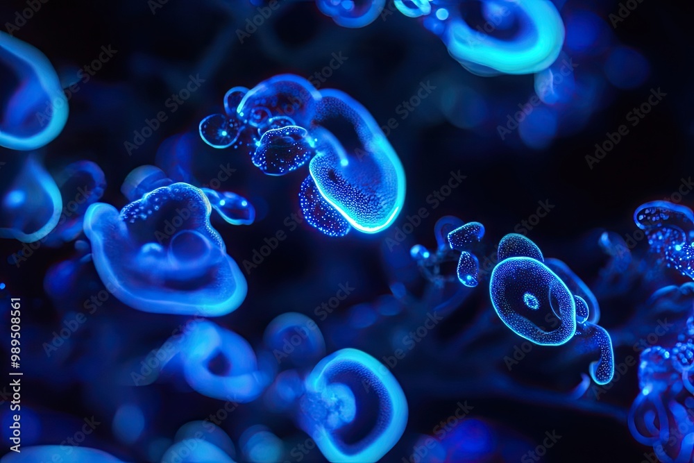 Obraz premium Bioluminescent sea algae texture glowing in the dark with neon blue patterns