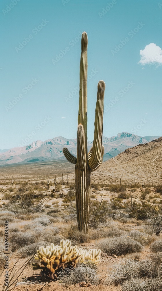 Tall cactus in the middle of a barren desert, standing against a clear blue sky.. Tall cactus in the middle of a barren desert, standing against a clear blue sky..