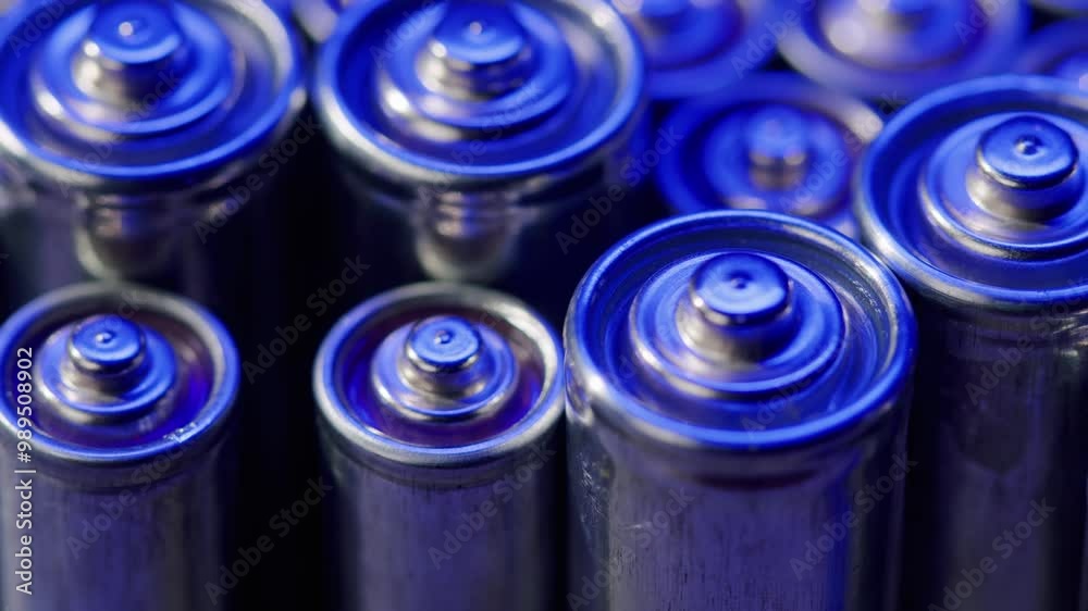 Silver batteries AA and AAA in neon light close-up. Double-A battery is a standard size single cell cylindrical dry battery. Batteries are common in portable electronic devices. An AA battery is Silver batteries AA and AAA in neon light close-up. Double-A battery is a standard size single cell cylindrical dry battery. Batteries are common in portable electronic devices. An AA battery is